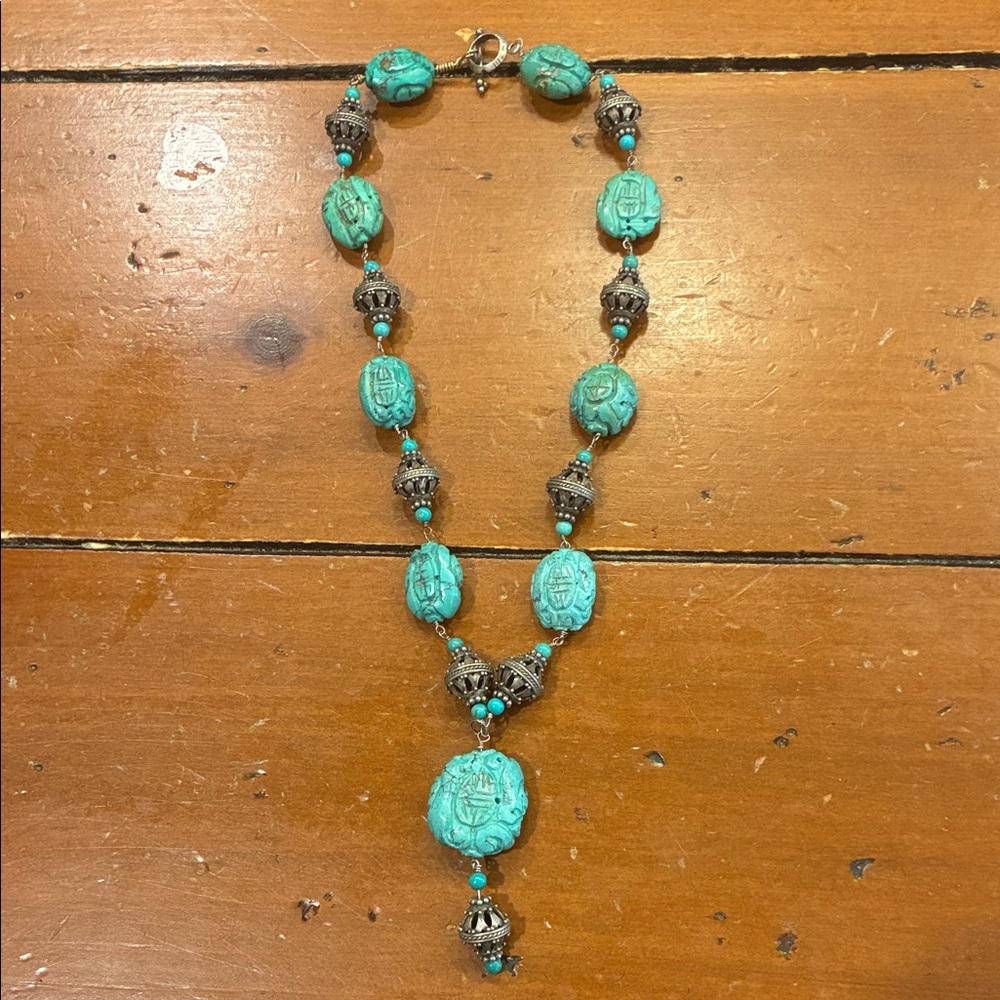 Turquoise Carved Pendant Statement Necklace - Unbranded
